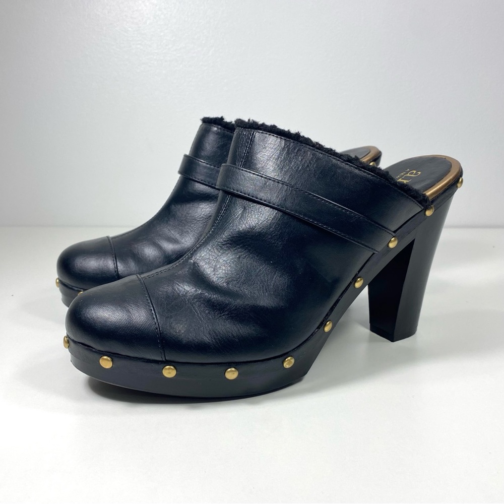 a.n.a. Black Faux Leather Gold Studded Platform Wood Heel Clogs Mules Slides 10